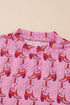 Pink Cowgirl Boots Printed Mock Neck Long Sleeve Mesh Top